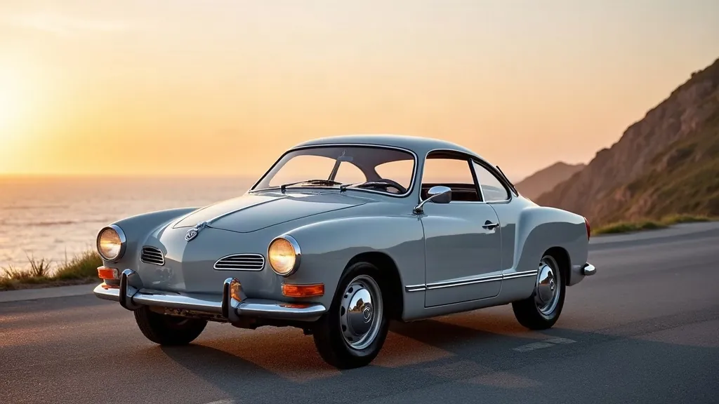 A Karmann Ghia on a coastal road